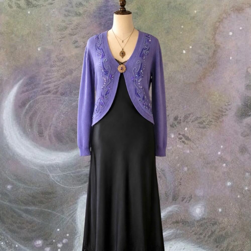 Purple Beaded Ramie/Cotton Cardigan L